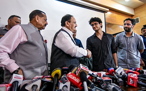 Union Minister JP Nadda with MoS Jitendra Singh and CJP Spokespersons Saurav Das and Ashutosh Ranka, during a joint press conference after Education Minister Dharmendra Pradhan resigned from the Union Cabinet, at the Constitution Club of India, in New Delhi, Saturday, July 25, 2026. 