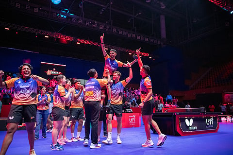 U Mumba players celebrate after winning the final on Sunday