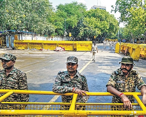 Security personnel keep a vigil near Jantar Mantar on Sunday