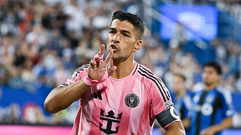 Inter Miami CF's Luis Suarez (9) reacts after scoring a penalty kick against CF Montreal during second half MLS soccer action in Montreal, on Saturday, July 25, 2026.