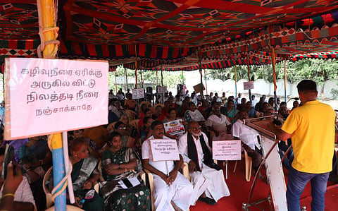 Over 300 individuals, including farmers, locals, social activists, industrialists, educators, children, students and residents of the Chinnavedampatti area, have been staging a hunger strike today opposing the Coimbatore City Municipal Corporations (CCMC) STP works at the Chinnavedampatti Lake bund as part of the UGD project works.
