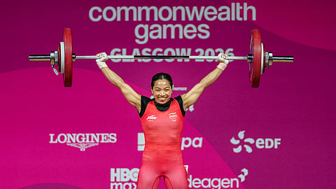  India's Mirabai Chanu competes in the women's 48kg weightlifting competition at the 23rd Commonwealth Games, in Glasgow, Scotland, Sunday, July 26, 2026. 