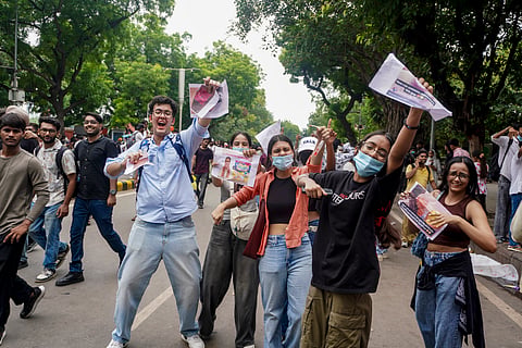 Cockroach Janta Party (CJP) supporters during a protest over examination irregularities, at Jantar Mantar in New Delhi, Saturday, July 25, 2026.