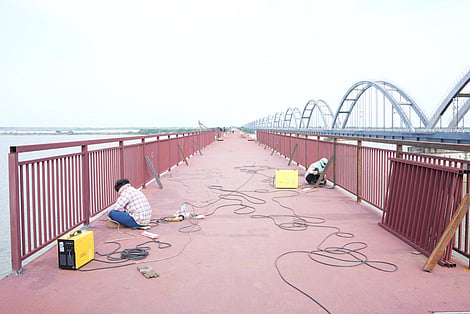 New look to Havelock old railway bridge across Godavari in Rajamahendravaram. Express