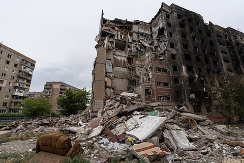 This photo provided by Ukraine's 93rd Kholodnyi Yar Separate Mechanized Brigade press service and taken Saturday, July 25, 2026, shows the damaged center of the frontline town of Druzhkivka, Donetsk region, Ukraine