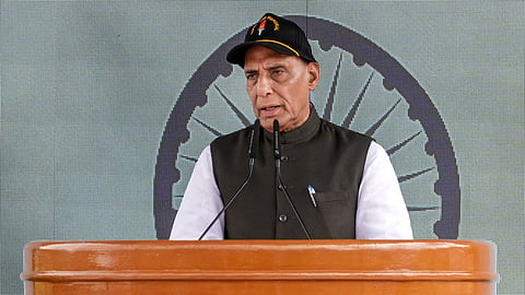  Defense Minister Rajnath Singh addresses the gathering during the 27th Kargil Vijay Diwas celebrations, at Drass, in Ladakh, Sunday, July 26, 2026.