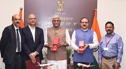 Union Minister Gajendra Singh Shekhawat, Tourism Secretary Bhuvanesh Kumar, Additional Secretary and Director General (Tourism) Suman Billa, Air India Chief Commercial Officer Nipun Aggarwal, and Air India Group Head – Governance, Risk Compliance & Corporate Affairs P Balaji during the MoU signing ceremony.