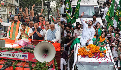 (Left) Bihar CM Samrat Choudhary, BJP chief Nitin Nabin during a roadshow in support of party candidate Neeraj Kumar Sinha; RJD leader Tejashwi Yadav during a roadshow in support of party candidate Rekha Kumari Gupta ahead of the Bankipur Assembly by-poll.