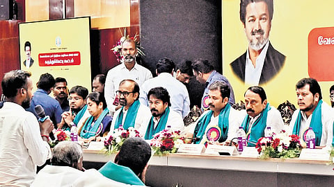 A team of ministers listening to farmers and other stakeholders during the consultation meeting at Anna Centenary Library in Chennai on Monday 