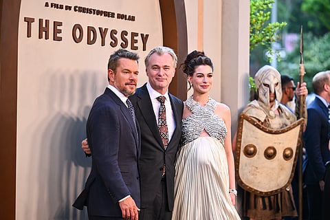 Matt Damon, from left, director Christopher Nolan, and Anne Hathaway attend the premiere of "The Odyssey" at AMC Lincoln Square on Tuesday, July 14, 2026, in New York.