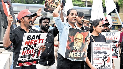 Members of Tamil Nadu Student Youth Federation staging a protest demanding a ban on NEET at Egmore in Chennai on Sunday.