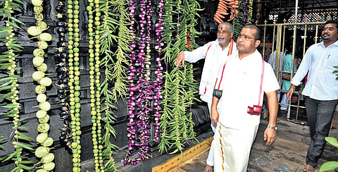 Kanaka Durga temple EO VK Seena Naik inspects arrangements for the three‑day Shakambari festival atop the Indrakeeladri Hill in Vijayawada on Sunday 