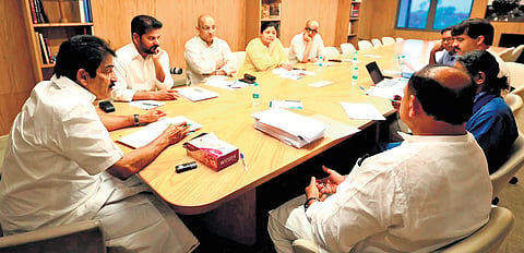 AICC general secretary KC Venugopal speaks during a meeting with Chief Minister 
A Revanth Reddy and other Congress leaders from Telangana in New Delhi on Monday
