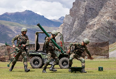 Army personnel demonstrate the operation of a mortar system on the Kargil Vijay Diwas, at Matayen in Drass, Ladakh, Sunday, July 26, 2026.