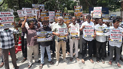 Members of the Marumalarchi Makkal Iyakkam staging a protest in front of the Income Tax office at Race Course on Monday condemning the Union government for rejecting Metro Rail project for Coimbatore. 