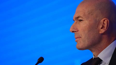 Zinedine Zidane, newly appointed coach of the France national soccer team, attends a media conference at the headquarters of French Football Federation in Paris, Tuesday, July 28, 2026.