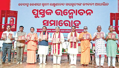 CM Mohan Charan Majhi, former Union minister Dharmendra Pradhan, RSS Sarkaryavah Dattatreya Hosabale and dignitaries at the function