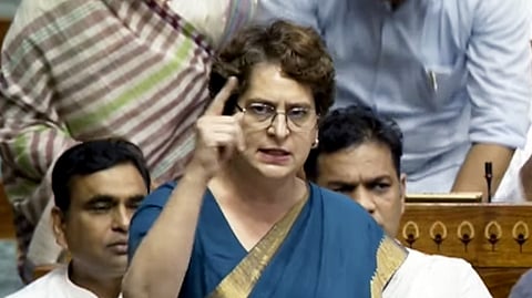 Congress MP Priyanka Gandhi Vadra speaks in Lok Sabha during the monsoon session of Parliament in New Delhi on Tuesday, July 28, 2026.