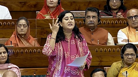 BJP MP Bansuri Swaraj speaks in the Lok Sabha during the Monsoon Session of Parliament in New Delhi on Tuesday, July 28, 2026.