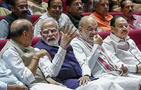 Prime Minister Narendra Modi with Union Ministers Amit Shah, Rajnath Singh, JP Nadda and others during the NDA Parliamentary meeting.