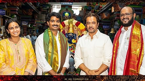 From L to R: Jhanvi Narang, Vamsi Nandipati, Arjun Sarja and Dr Anil Viswanath at the launch of Polimera 3 on Monday in Hyderabad