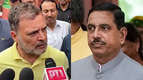 (L-R) Leader of Opposition in the Lok Sabha Rahul Gandhi and Union Minister Pralhad Joshi during the monsoon session of Parliament in New Delhi, Tuesday, July 28, 2026.