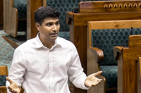 TDP MP Lavu Sri Krishna Devarayalu speaks in the Lok Sabha during the Monsoon session of Parliament, in New Delhi, Tuesday, July 28, 2026.