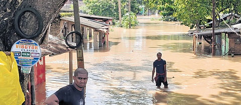 A road in Similia panchayat submerged under floodwater in Jajpur block.