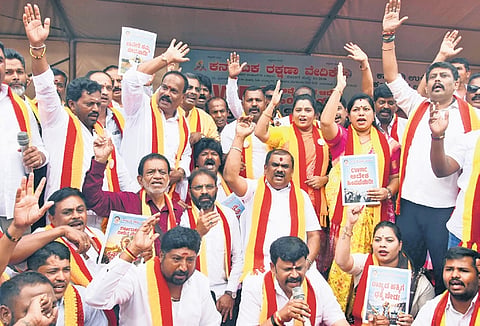 Kannada activists protest against the CWRC directive in Bengaluru on Wednesday