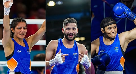 (L-R) Indian boxers Sakshi Chaudhary, Sachin Siwach and Arundhati Choudhary celebrate their wins at the 23rd Commonwealth Games, in Glasgow, Scotland, Wednesday, July 29, 2026.