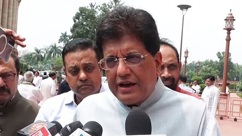 Union Minister Piyush Goyal speaks to the mediapersons outside the Parliament.