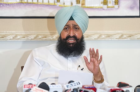  Leader of Opposition in Punjab Legislative Assembly, Partap Singh Bajwa, addresses the media in Chandigarh on Thursday, March 19, 2026. 