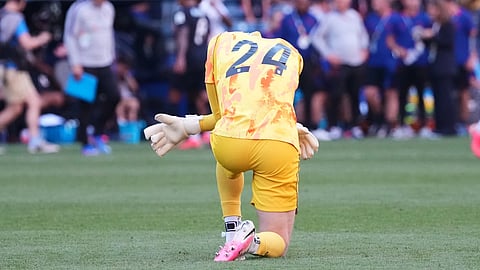 United States goalkeeper Matt Freese (24) reacts after the World Cup round of 16 soccer match between the United States and Belgium in Seatlle, Monday, July 6, 2026.