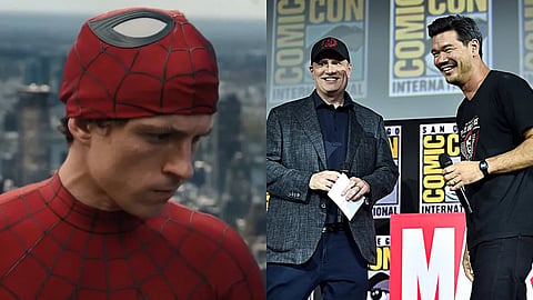 Tom Holland in Spider-Man: Brand New Day (L), Kevin Feige and director Destin Daniel Cretton (R)