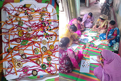The handcrafted rakhis feature seeds of paddy, maize, corn, hyacinth bean (sem), bitter gourd (karela) and cowpea (barbati), arranged with natural materials and incorporated into the designs.