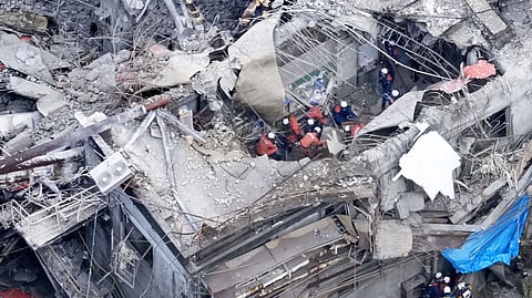 This aerial image shows rescue operation at the Nippon Paper Industries Co.’s Yatsushiro factory, following an earthquake in Yatsushiro, Kumamoto Prefecture, Wednesday, July 29, 2026. 