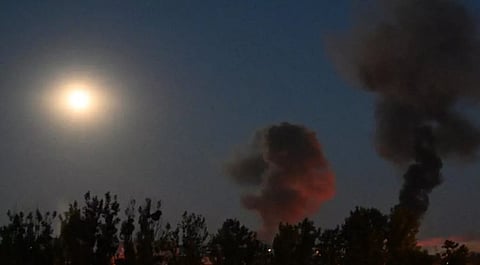 The photograph shows smoke in the sky following Russian missile strikes over the western Ukrainian city of Lviv on July 30, 2026, amid the Russian invasion in Ukraine.