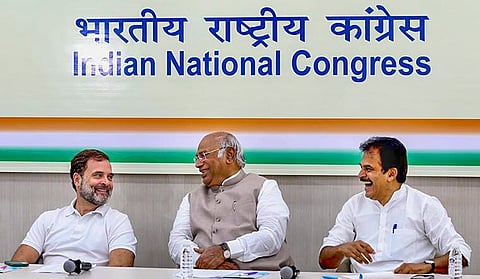 Lok Sabha Leader of Oppisition Rahul Gandhi, AICC president Mallikarjuna Kharge and AICC General Secretary (Organisation) KC Venugopal