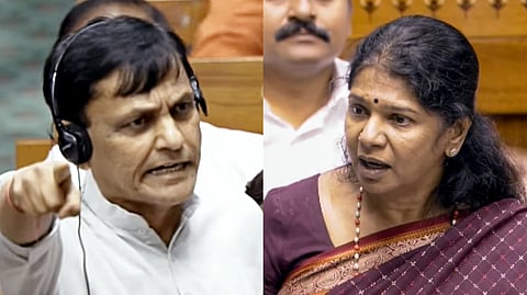 (L-R) Union Minister of State for Home Affairs Nityananda Rai and DMK MP Kanimozhi speak in the Lok Sabha during the Monsoon session of Parliament, in New Delhi, Thursday, July 30, 2026.