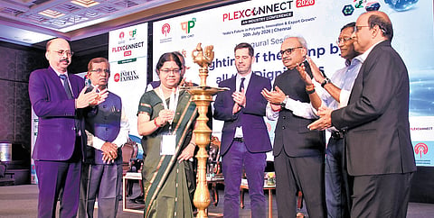 Dignitaries participate in the ceremonial lamp-lighting during the inaugural session of PLEXCONNECT 2026 on Thursday 