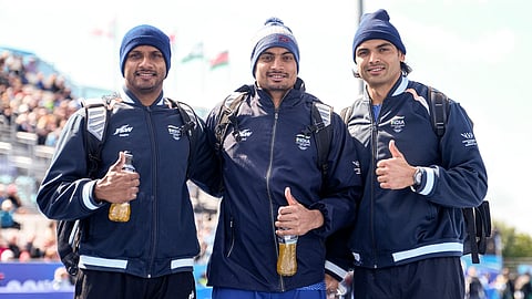 From left, India's Yash Vir Singh, Rohit Yadav and Neeraj Chopra pose for photgraphs at the Commonwealth Games 2026, in Glasgow, Scotland, Thursday, July 30, 2026.