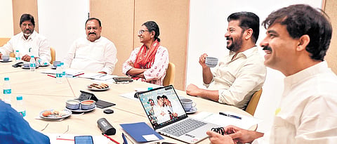Chief Minister A Revanth Reddy and other Congress leaders during a meeting of the TPCC Coordination Committee in New Delhi on Wednesday