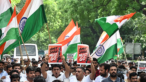 Political protests continued in the city on Thursday, with the Indian Youth Congress (above) demanding action in the case of use of force on student protesters during the CJP’s Parliament march, while the Delhi BJP.