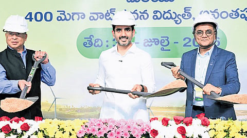Minister Nara Lokesh laying the foundation stone for Tata Power’s hybrid renewable energy project in Pattikonda constituency of Kurnool district on Thursday