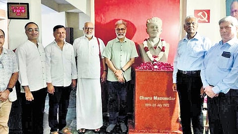Leaders of Left parties M A Baby, D Raja, Dipankar Bhattacharyya and others  after paying tributes to Naxalbari leader Charu Majumdar