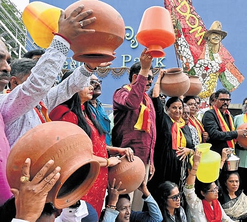 Members of the Karnataka Film Patron Artistes Association protest against CWRC and CWMA, at Freedom Park in Bengaluru on Friday 