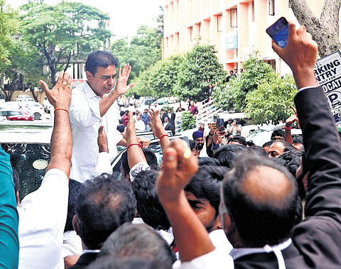 BRS working president KT Rama Rao leaves the premises after appearing before the ACB court at Nampally in Hyderabad on Friday | Sri Loganathan Velmurugan