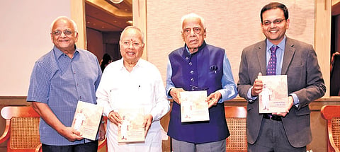 (L to R) N Kumar, chairman, The Sanmar Group Corporate Board; Dr Nalli Kuppuswami Chetti, chairman, Nalli Silks; Dr HV Hande, former TN minister; and Vijay Sankar, chairman, Sanmar Group; at the release of the biography of Sankaralinga Iyer 
