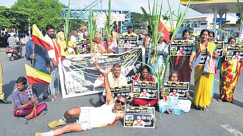 Members of the Mandya Rakshana Vedike protest in Mandya on Saturday raising ‘Go Back Vijay’ slogans against the Tamil Nadu Chief Minister over the ongoing Cauvery water-sharing dispute and the Mekedatu dam issue.