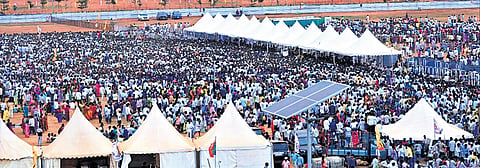 A massive gathering at the public meeting held to mark the inauguration of the Bhogapuram Airport on Saturday.
